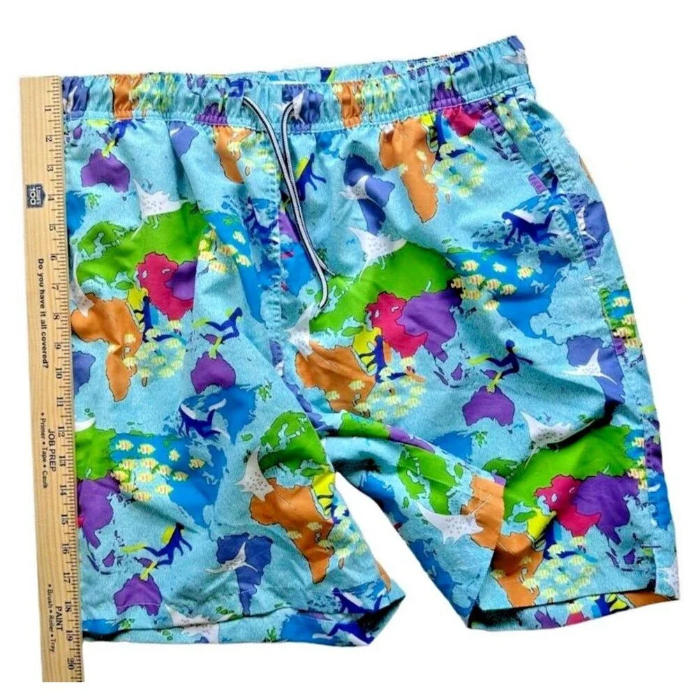 Peter Millar Swimming Trunks Size XL Map Ocean Print Seaside Collection Crown